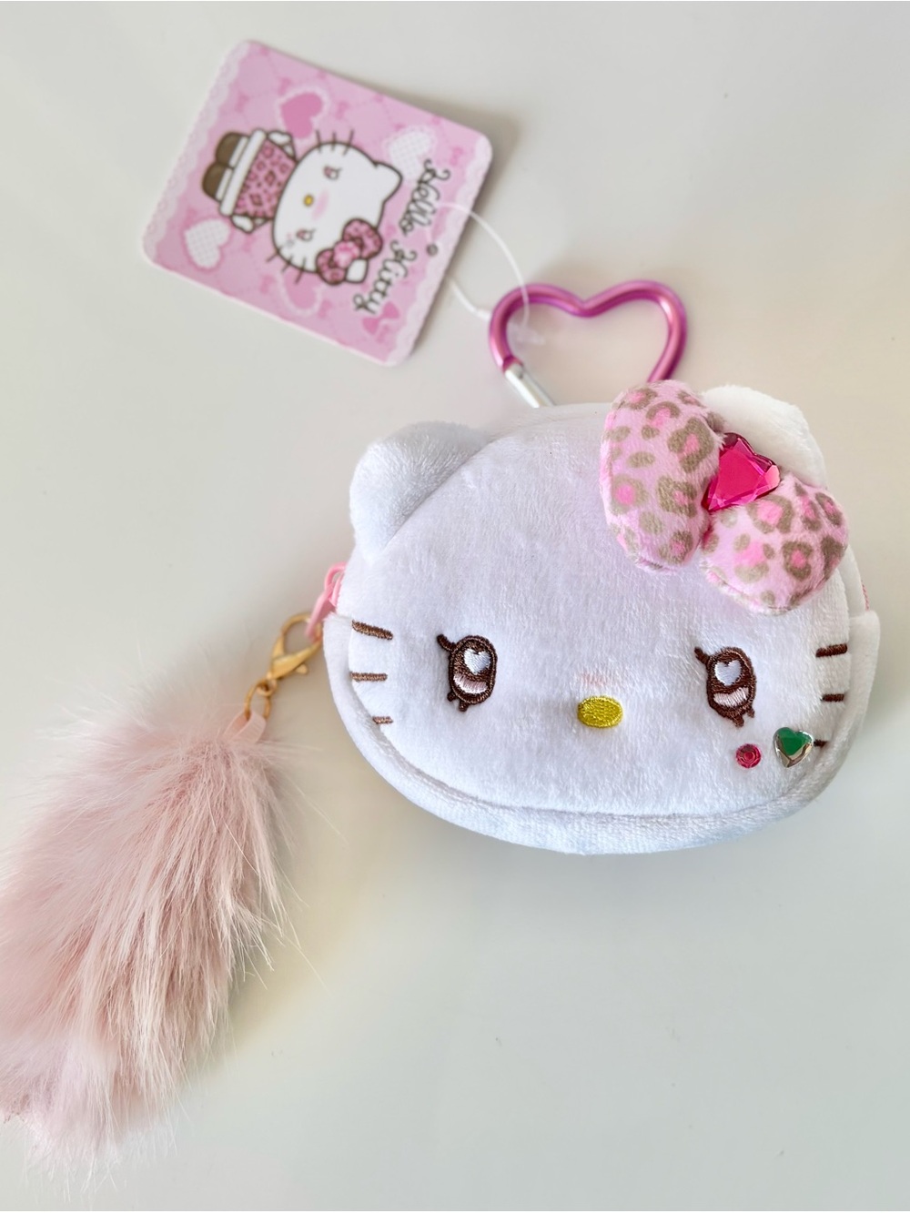Hello Kitty Japan Exclusive Gyaru Pouch Bag Charm w Leopard Bow and Fluffy Tail